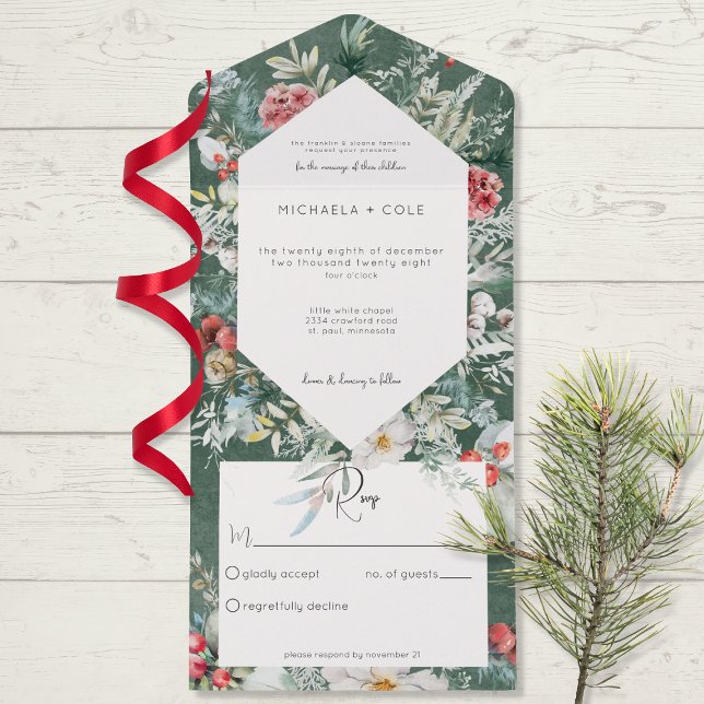 Rustic Winter Floral Pine Emerald No Dinner All In One Invitation (Creator Uploaded)