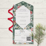 Rustic Winter Floral Pine Emerald QR Code All In One Invitation<br><div class="desc">AVAILABLE WITH OR WITHOUT A QR CODE TO SCAN OR WITH OR WITHOUT DINNER OPTIONS. This all in one wedding invitation design features a beautiful holiday winter frame of pine, red berries, and white flowers on an emerald green white distressed background. Perfect for the winter or Christmas wedding. Created by...</div>