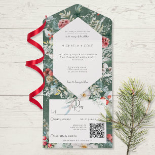 Rustic Winter Floral Pine Emerald QR Code All In One Invitation