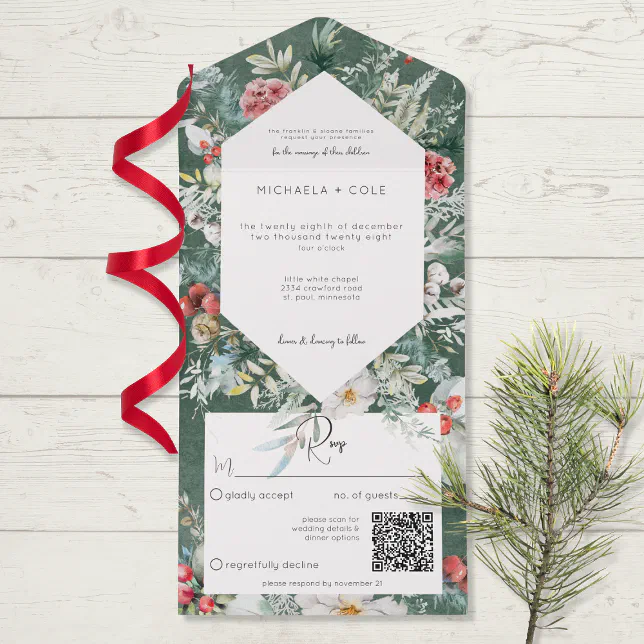 Rustic Winter Floral Pine Emerald QR Code All In One Invitation | Zazzle