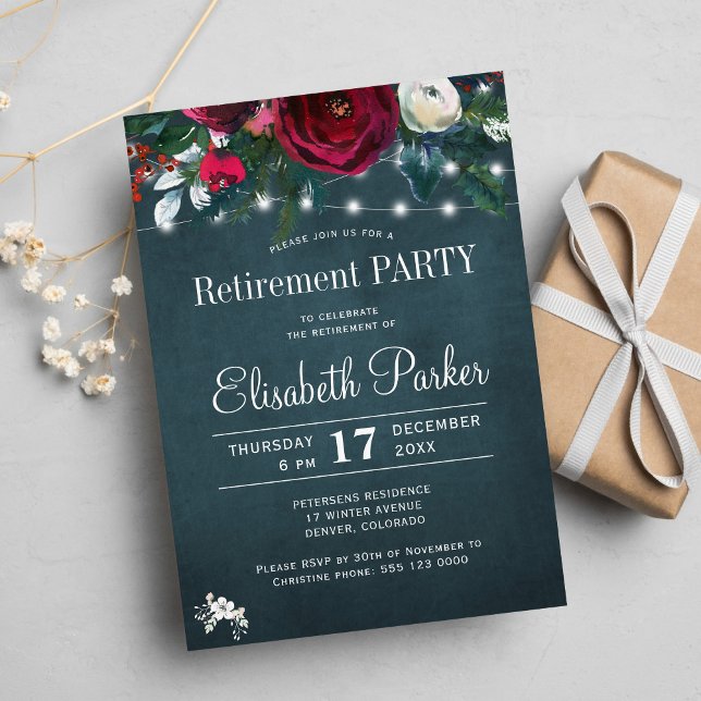 Rustic winter floral red navy retirement party  invitation (Creator Uploaded)