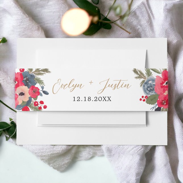 Rustic Winter Floral Watercolor gold Wedding Invitation Belly Band (Rustic Winter Floral Watercolor gold Wedding Invitation Belly Band)