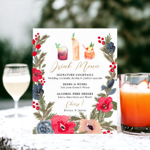 Rustic Winter Floral Watercolor Wedding Drink Menu Poster
