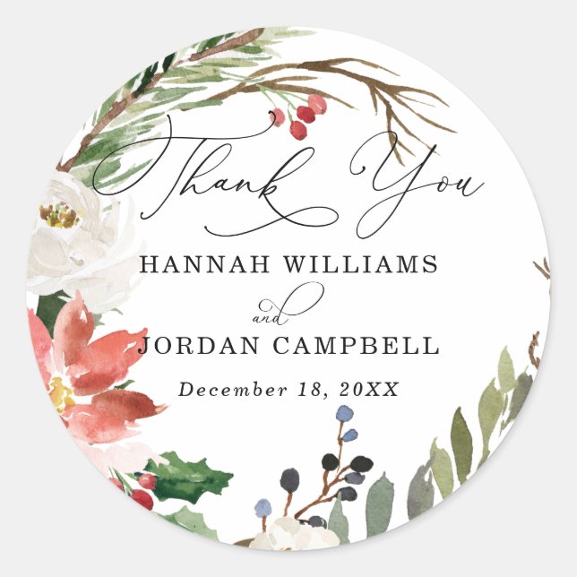 Rustic Winter Floral | Wedding Thank You Classic Round Sticker (Front)