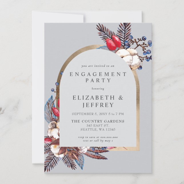 Rustic Winter Florals Arched Engagement Party Invitation (Front)