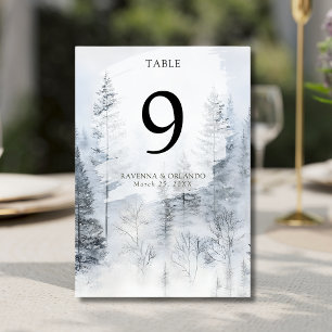 Rustic Winter Fog Snow Pine Tree Forest Wedding Table Number