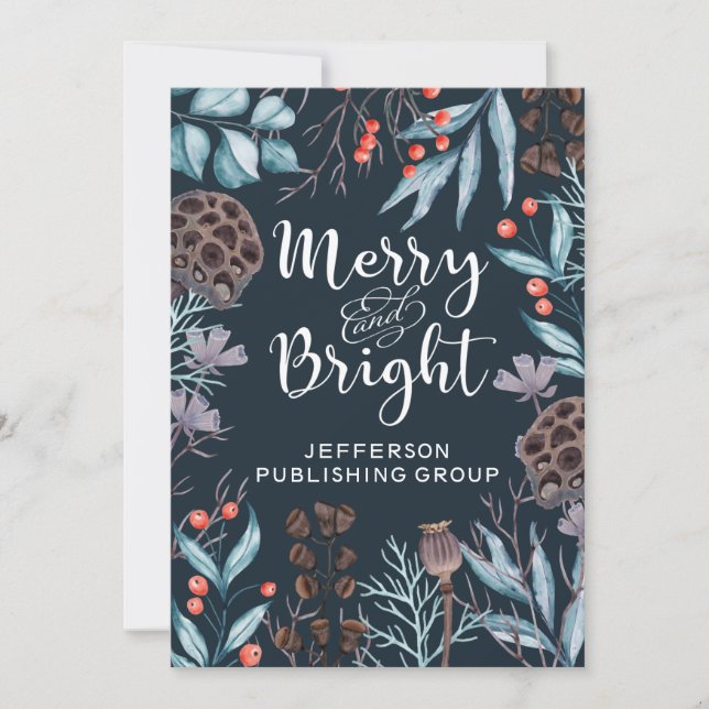 Rustic Winter Foliage Berries Merry and Bright Holiday Card (Front)
