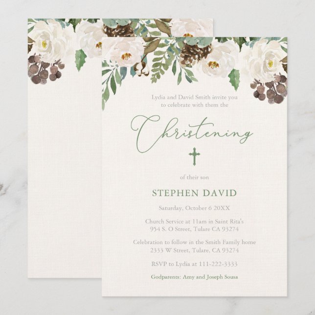 Rustic Winter Foliage Boy Christening Ceremony Invitation (Front/Back)