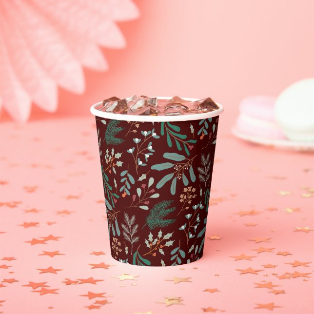 Rustic Winter Foliage Pattern Paper Cups (Insitu)