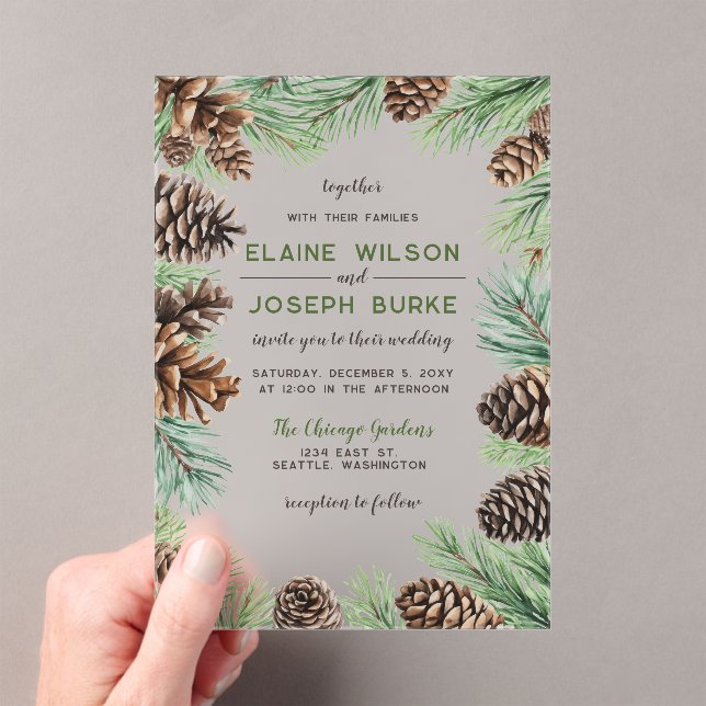 Rustic Winter Foliage Pine cone Wedding Acrylic Invitations (Insitu (Handheld))