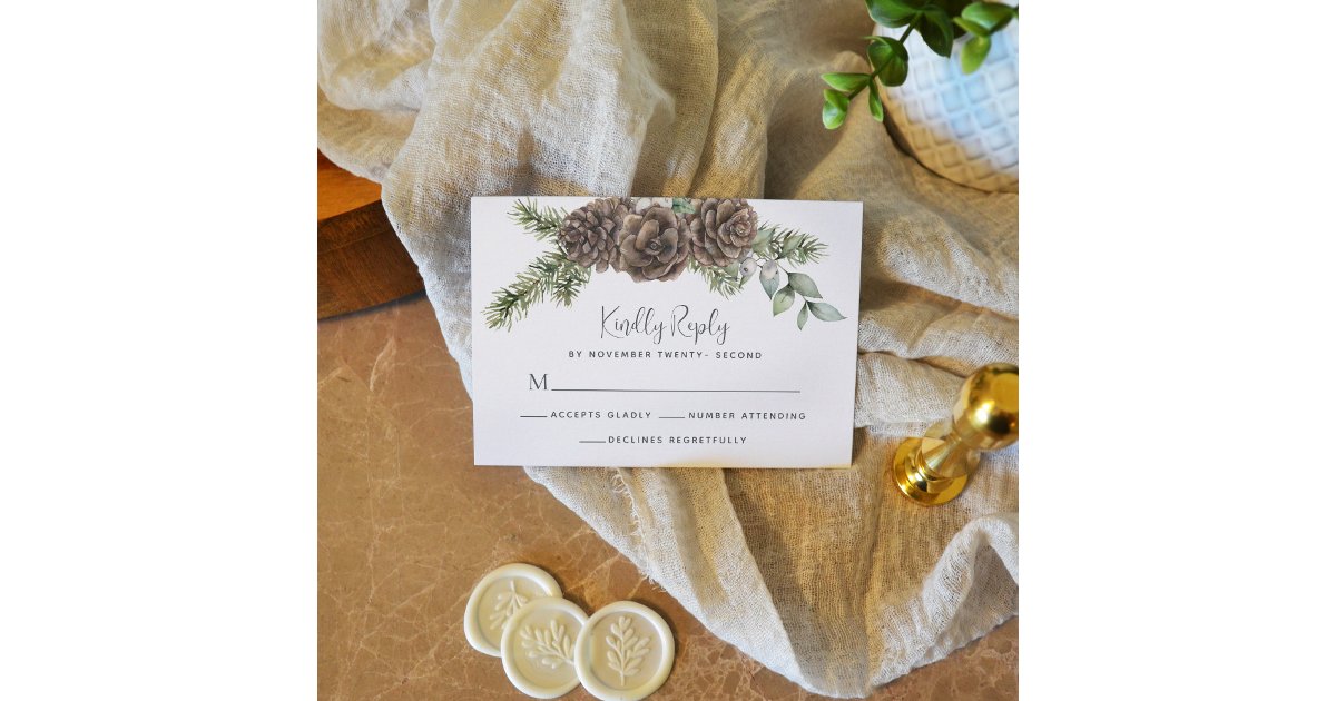 Rustic Winter Foliage Pine Cone Wedding RSVP Card | Zazzle
