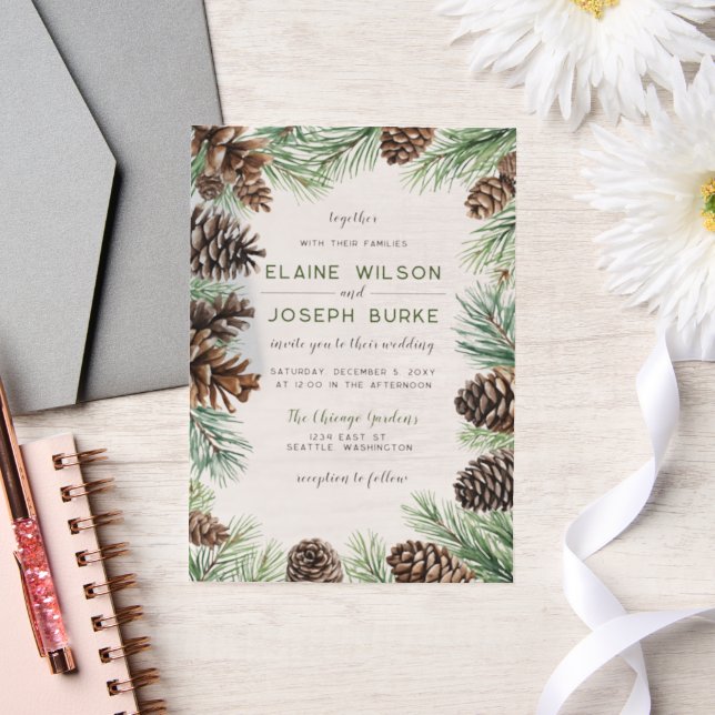 Rustic Winter Foliage Pine cone Wedding Vellum Invitations (Wedding)