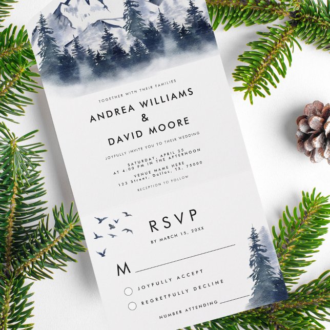 Rustic Winter Forest All in One Blue Wedding Invitation (Creator Uploaded)