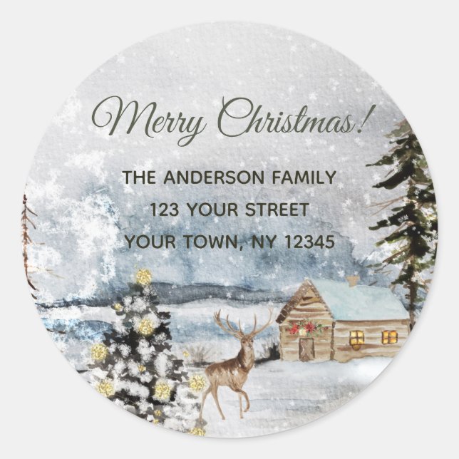 Rustic Winter Forest Christmas Tree Deer Address Classic Round Sticker (Front)