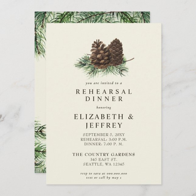 Rustic Winter Forest Pine Cone Rehearsal Dinner Invitation (Front/Back)