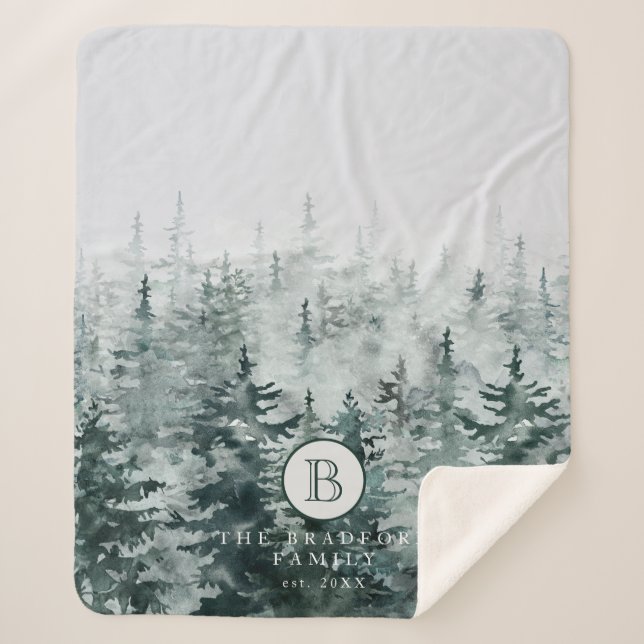 Rustic Winter Forest Pine Tree Family Monogram Sherpa Blanket (Front)