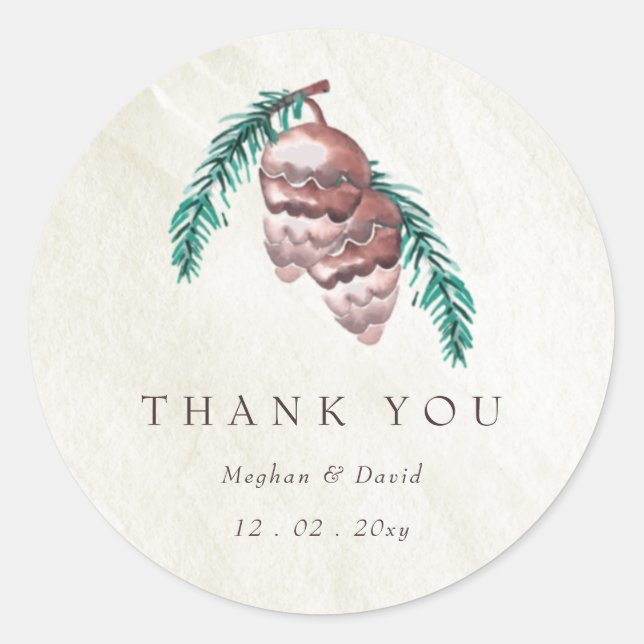  Rustic Winter Forest Woodland Pine Cone Wedding C Classic Round Sticker (Front)