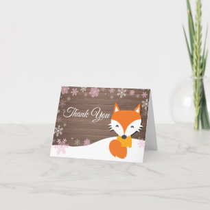 Rustic Winter Fox Snowflake Pink Thank You Card