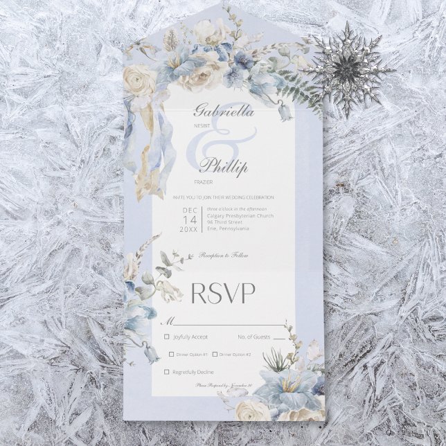 Rustic Winter Frosty Blue & White Floral Dinner All In One Invitation (Also available with a QR code or without dinner selection options.)
