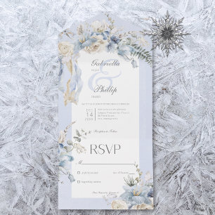 Rustic Winter Frosty Blue & White Floral No Dinner All In One Invitation
