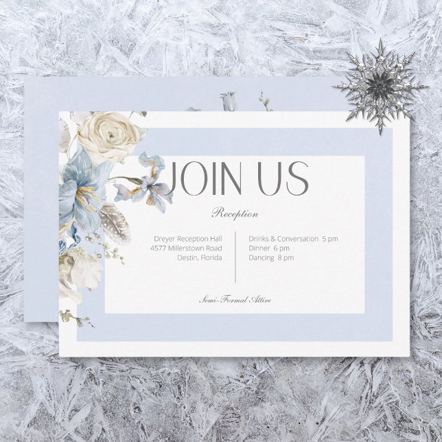 Rustic Winter Frosty Blue & White Floral Reception Enclosure Card (Creator Uploaded)