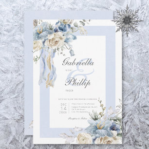 Rustic Winter Frosty Blue & White Floral Wedding Invitation