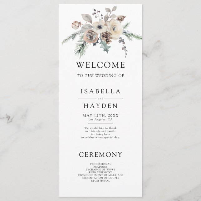 Rustic Winter Garden Simple Pine Floral  Wedding Programme (Front)