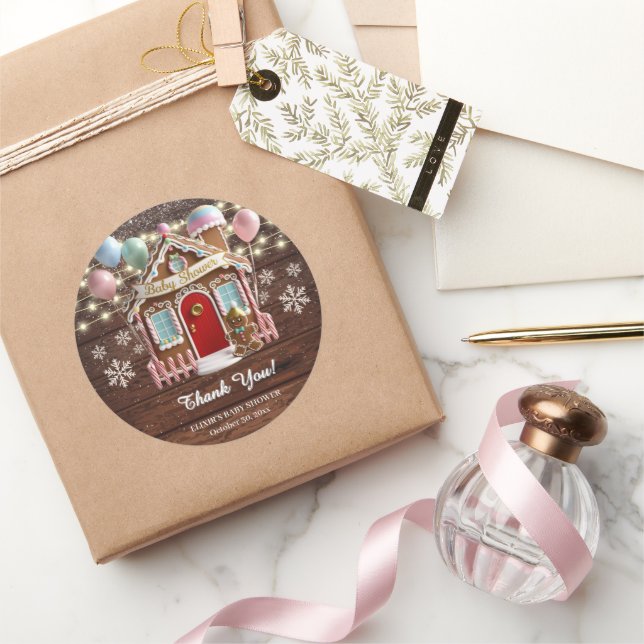Rustic Winter Gingerbread House Baby Shower Classic Round Sticker (Gifting)