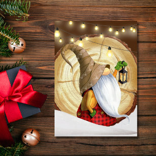 Rustic Winter Gnome Tree, Snow, Lights Christmas  Holiday Card