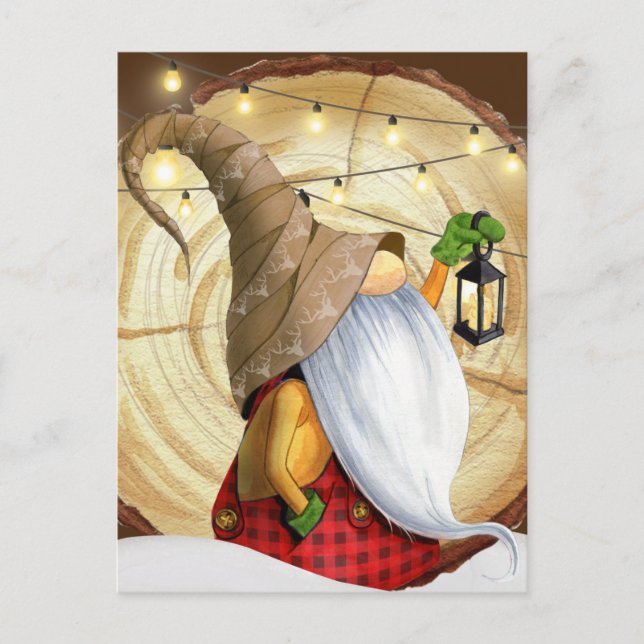 Rustic Winter Gnome Tree, Snow, Lights Christmas Postcard (Front)