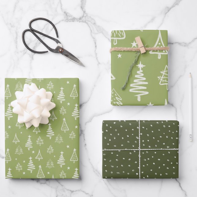 Rustic Winter Green Christmas Tree and Snow Wrapping Paper Sheet (Front)