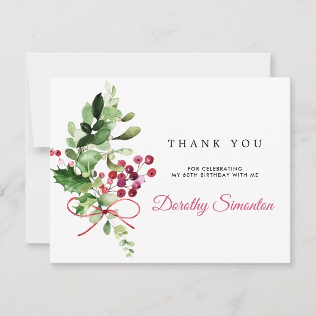 Rustic Winter Greenery 60th Birthday Thank You Card (Front)