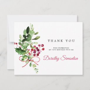 Rustic Winter Greenery 70th Birthday Thank You Card