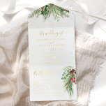 Rustic Winter Greenery Berries Pine Cone Wedding All In One Invitation<br><div class="desc">This enchanting all-in-one wedding invitation features a charming winter-themed design, adorned with festive watercolor illustrations of pine branches, vibrant red holly berries, and rustic pinecones. Delicate golden specks are sprinkled across the background, adding a touch of subtle sparkle and warmth. The personalised wedding details are elegantly presented in a mix...</div>