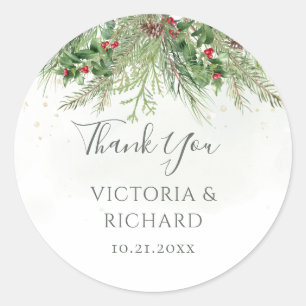 Rustic Winter Greenery Berries Pine Cone Wedding Classic Round Sticker