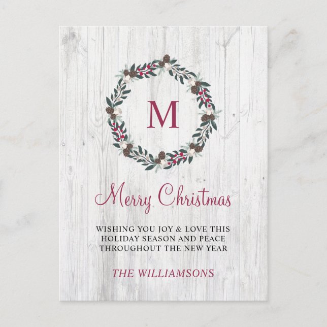 Rustic Winter Greenery Berry Wreath Christmas Wood Holiday Postcard (Front)