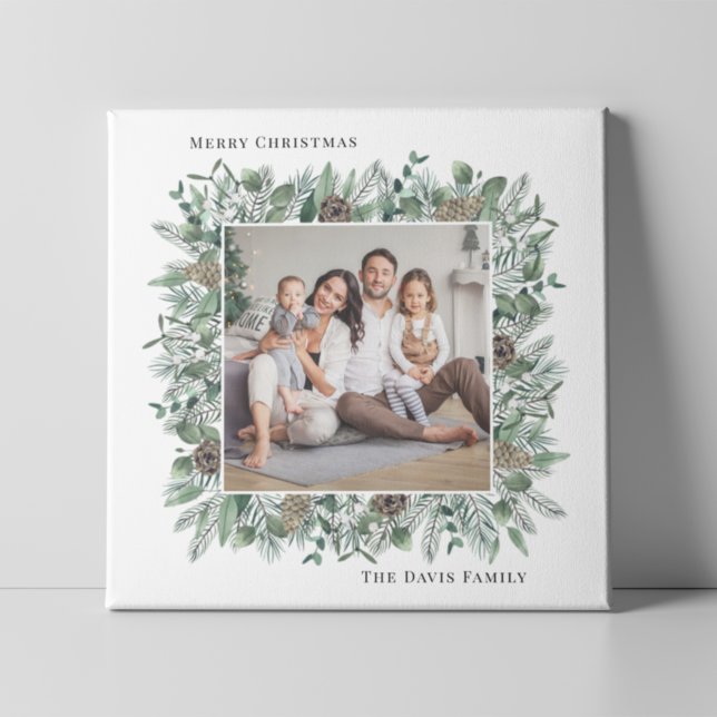 Rustic Winter Greenery Holiday Family Photo Wreath Canvas Print (Creator Uploaded)