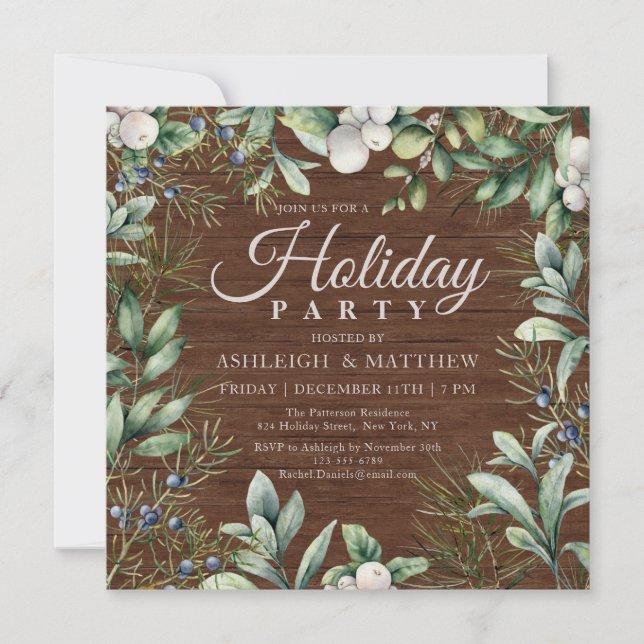 Rustic Winter Greenery Holiday Party Invitation (Front)