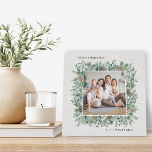 Rustic Winter Greenery Holiday Photo Wreath Plaque