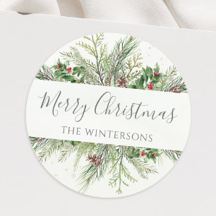 Rustic Winter Greenery Merry Christmas Classic Round Sticker
