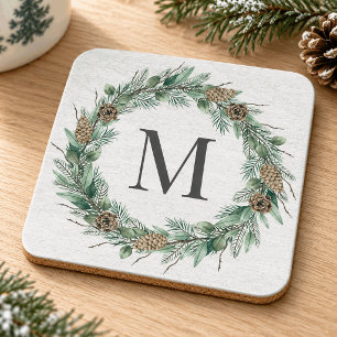 Rustic Winter Greenery Monogram Initial Wreath Coaster