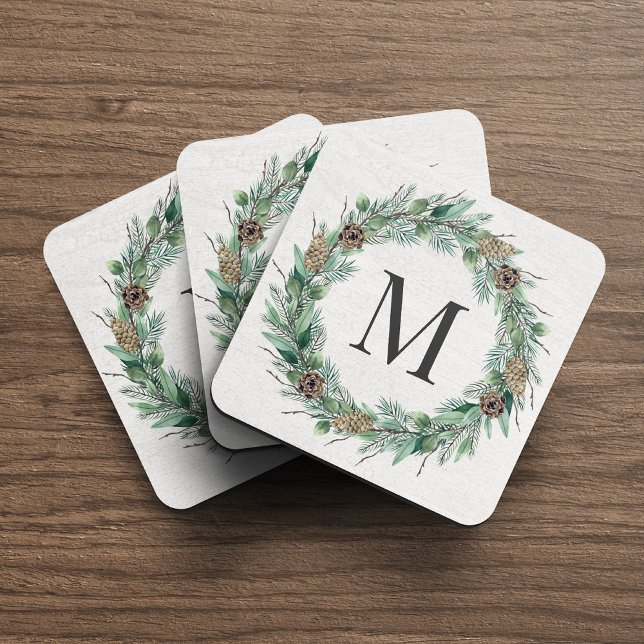 Rustic Winter Greenery Monogram Initial Wreath Coaster (Creator Uploaded)