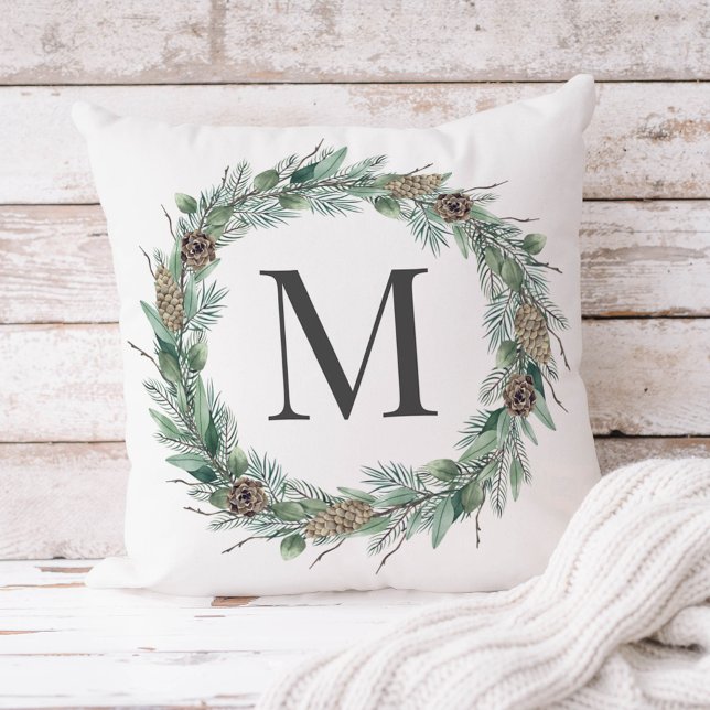Rustic Winter Greenery Monogram Initial Wreath Cushion (Creator Uploaded)