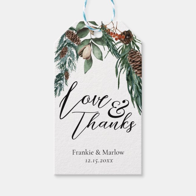 Rustic Winter Greenery Pine Cone Berries Floral Gift Tags (Front)
