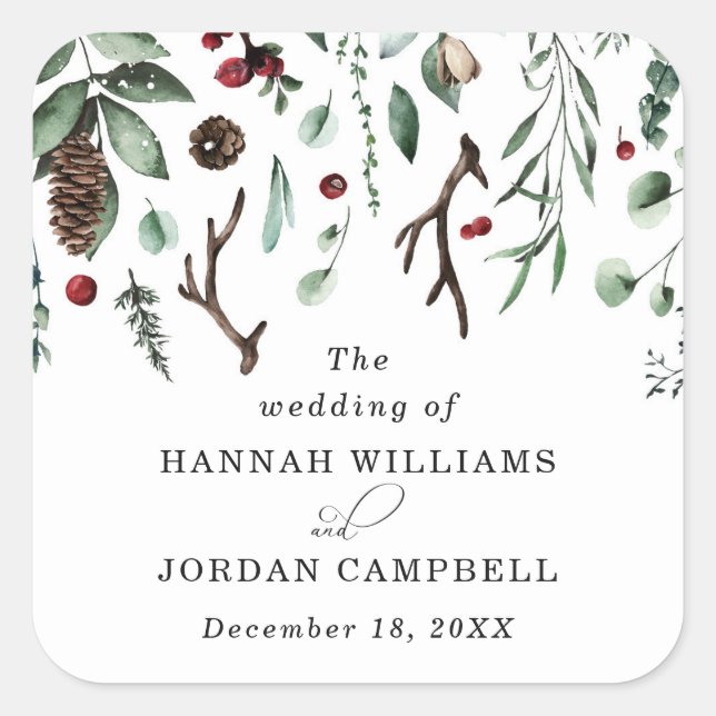 Rustic Winter Greenery Red Christmas Berries Square Sticker (Front)