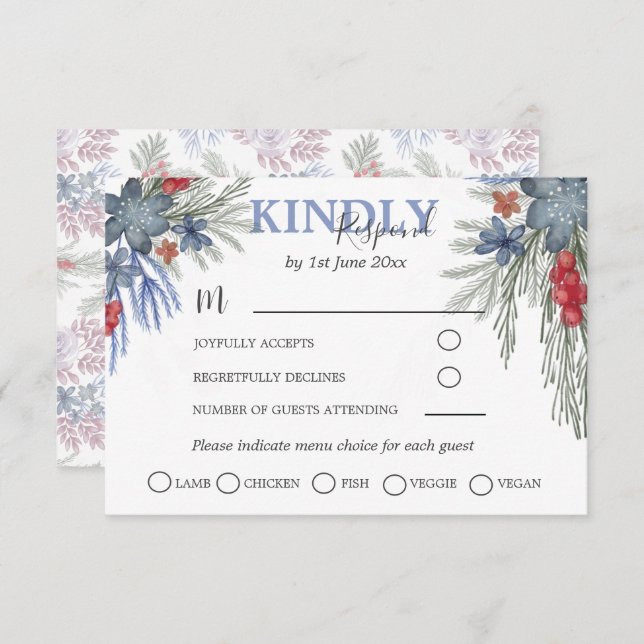 Rustic Winter Greenery Watercolor Wedding RSVP (Front/Back)