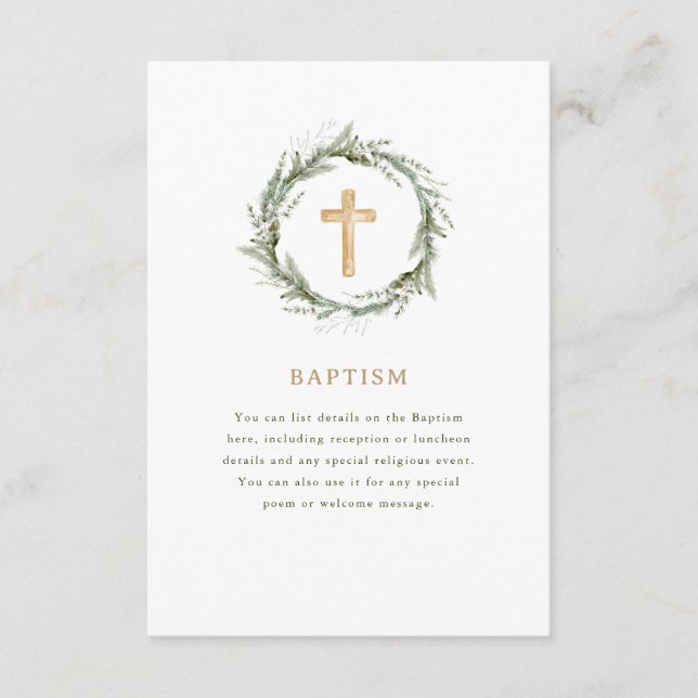 Rustic Winter Greenery | Wreath and Cross Baptism Enclosure Card (Front)