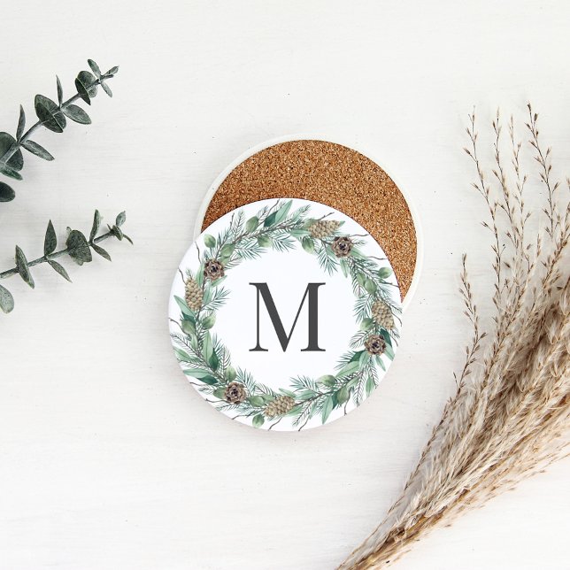 Rustic Winter Greenery Wreath Monogram Coaster (Creator Uploaded)