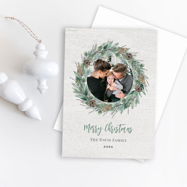 Rustic Winter Greenery Wreath White Wood Photo Holiday Card (Creator Uploaded)