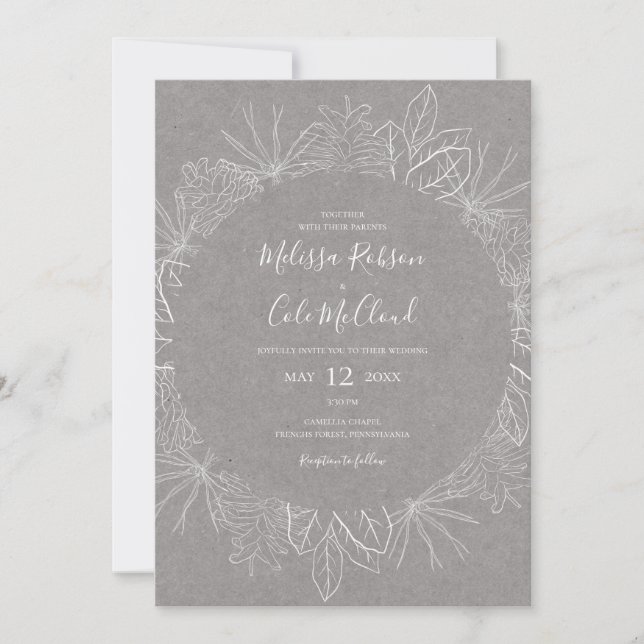 Rustic Winter | Grey All In One Wedding Invitation (Front)